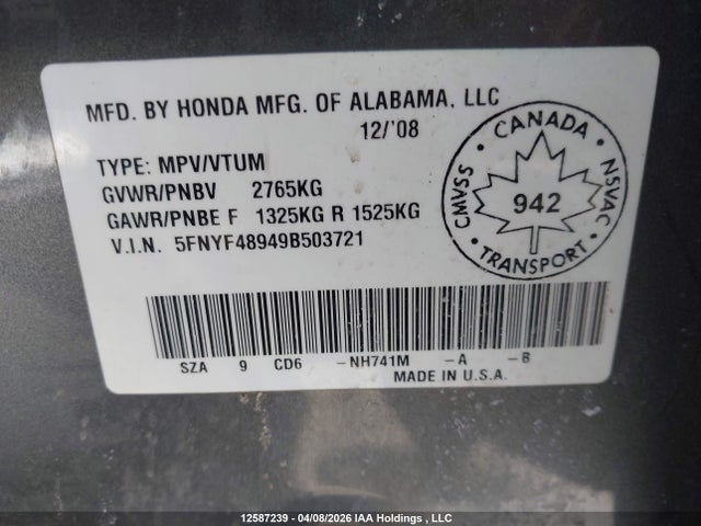 Продаж на аукціоні авто 2009 Honda Pilot Touring, vin: 5FNYF48949B503721, номер лоту: 12587239
