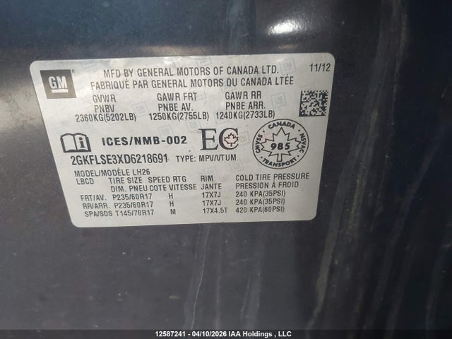 12587241 :رقم المزاد ، 2GKFLSE3XD6218691 vin ، 2013 Gmc Terrain Sle-2 مزاد بيع