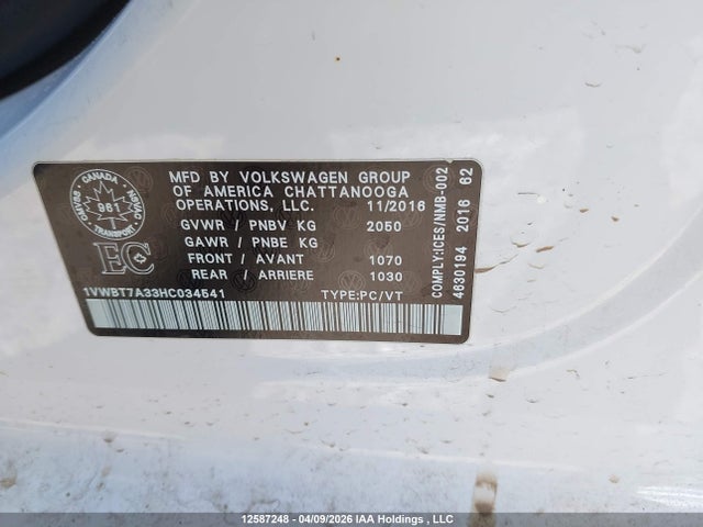 1VWBT7A33HC034541 Volkswagen Passat 1.8 Tsi Comfortline
