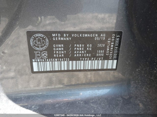 WVWVA7AU5KW194733 Volkswagen Golf R 2.0 Tsi