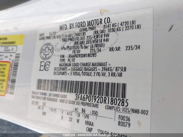 12587255 :رقم المزاد ، 3FA6P0T92DR180285 vin ، 2013 Ford Fusion Se مزاد بيع