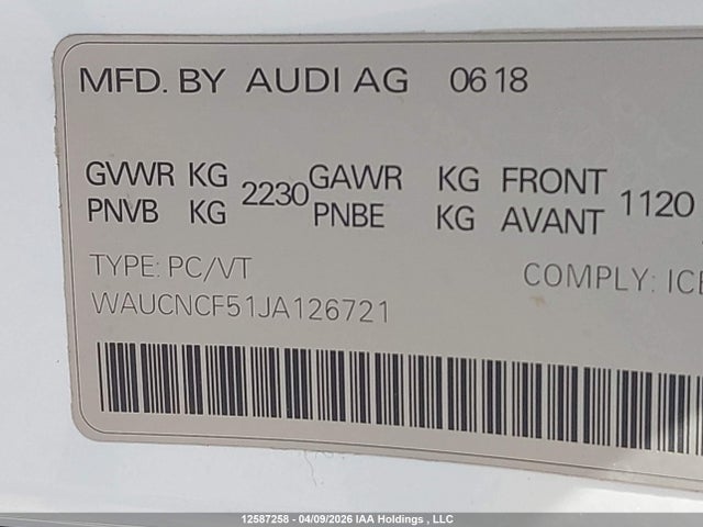 12587258 :رقم المزاد ، WAUCNCF51JA126721 vin ، 2018 Audi A5 Prestige مزاد بيع