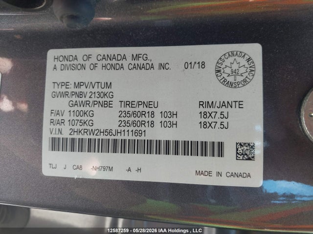 Aukcja sprzedaży 2018 Honda Cr-v Ex, vin: 2HKRW2H56JH111691, numer aukcji: 12587259