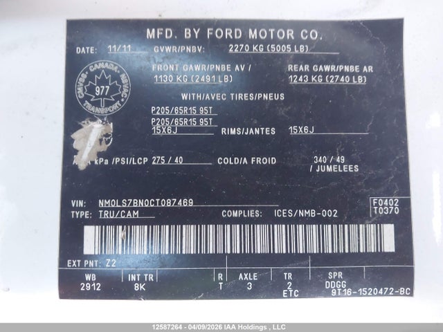 Продаж на аукціоні авто 2012 Ford Transit Connect Xlt, vin: NM0LS7BN0CT087469, номер лоту: 12587264