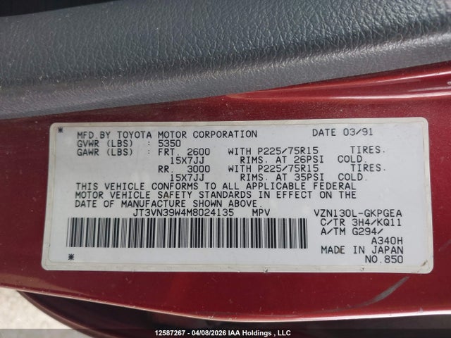 Aukcja sprzedaży 1991 Toyota 4runner Vn39 Sr5, vin: JT3VN39W4M8024135, numer aukcji: 12587267