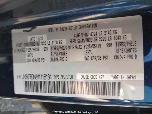 2021 Mazda Cx-5 Grand Touring მანქანა იყიდება აუქციონზე, vin: JM3KFBDM8M1116134, აუქციონის ნომერი: 12587275