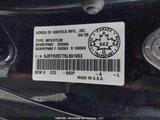 Aukcja sprzedaży 2006 Honda Element Ex, vin: 5J6YH28776L801003, numer aukcji: 12587289