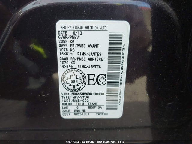 12587304 :رقم المزاد ، JN8AS5MV6DW138330 vin ، 2013 Nissan Rogue S/sv مزاد بيع