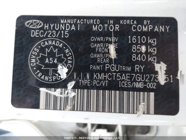 KMHCT5AE7GU273351 Hyundai Accent