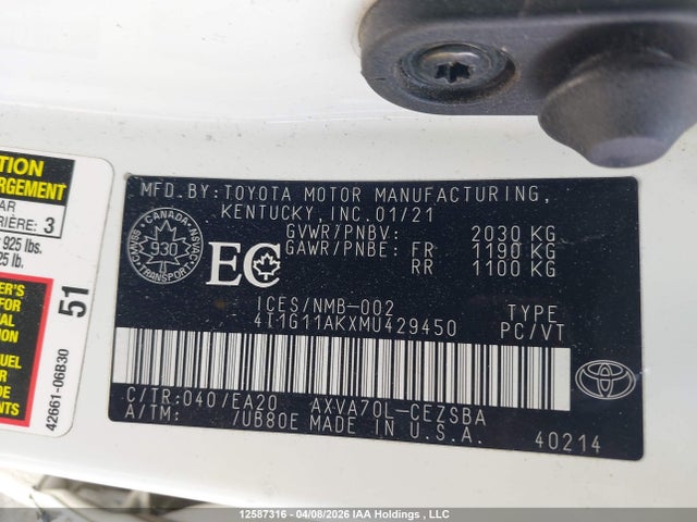 2021 Toyota Camry Se/se Night Shade მანქანა იყიდება აუქციონზე, vin: 4T1G11AKXMU429450, აუქციონის ნომერი: 12587316