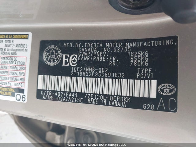 12587318 :رقم المزاد ، 2T1BR32E95C893632 vin ، 2005 Toyota Corolla Ce/le/sport مزاد بيع