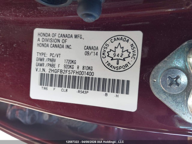 Aukcja sprzedaży 2015 Honda Civic Ex 4dr, vin: 2HGFB2F57FH001400, numer aukcji: 12587322