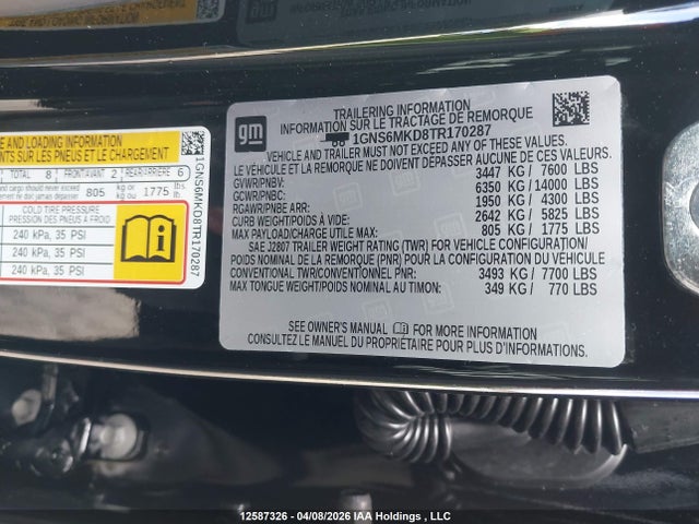Aukcja sprzedaży 2026 Chevrolet Tahoe K1500 Ls, vin: 1GNS6MKD8TR170287, numer aukcji: 12587326