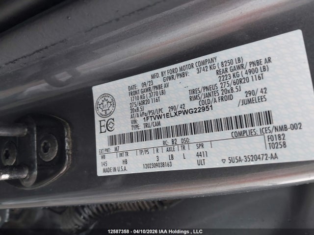 12587358 :رقم المزاد ، 1FTVW1ELXPWG22951 vin ، 2023 Ford F-150 Lightning Lariat مزاد بيع