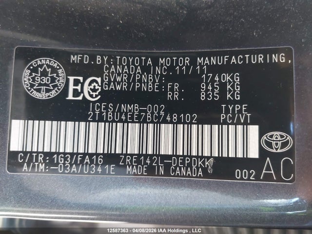 2011 Toyota Corolla მანქანა იყიდება აუქციონზე, vin: 2T1BU4EE7BC748102, აუქციონის ნომერი: 12587363