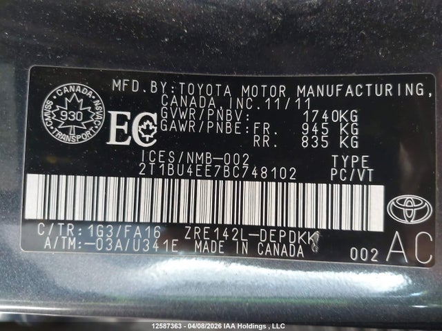 2011 Toyota Corolla მანქანა იყიდება აუქციონზე, vin: 2T1BU4EE7BC748102, აუქციონის ნომერი: 12587363
