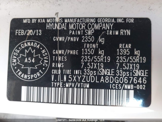 12587371 :رقم المزاد ، 5XYZUDLA8DG067646 vin ، 2013 Hyundai Santa Fe مزاد بيع