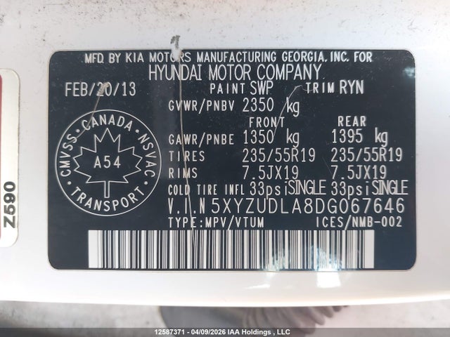 12587371 :رقم المزاد ، 5XYZUDLA8DG067646 vin ، 2013 Hyundai Santa Fe مزاد بيع