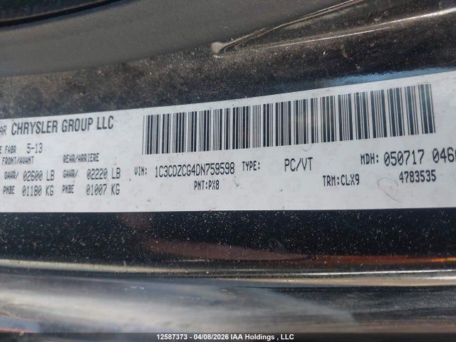 12587373 :رقم المزاد ، 1C3CDZCG4DN759598 vin ، 2013 Dodge Avenger Sxt مزاد بيع