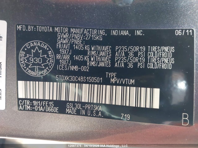 2011 Toyota Sienna Sport მანქანა იყიდება აუქციონზე, vin: 5TDXK3DC4BS150501, აუქციონის ნომერი: 12587375