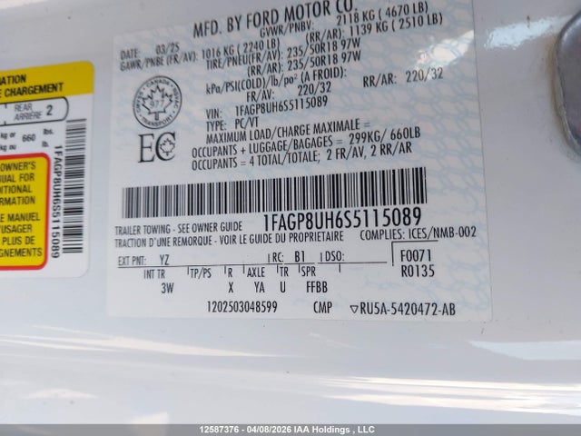 12587376 :رقم المزاد ، 1FAGP8UH6S5115089 vin ، 2025 Ford Mustang مزاد بيع