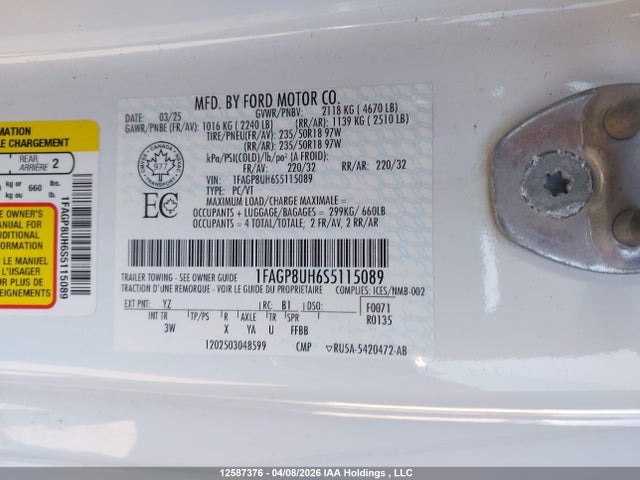 12587376 :رقم المزاد ، 1FAGP8UH6S5115089 vin ، 2025 Ford Mustang مزاد بيع