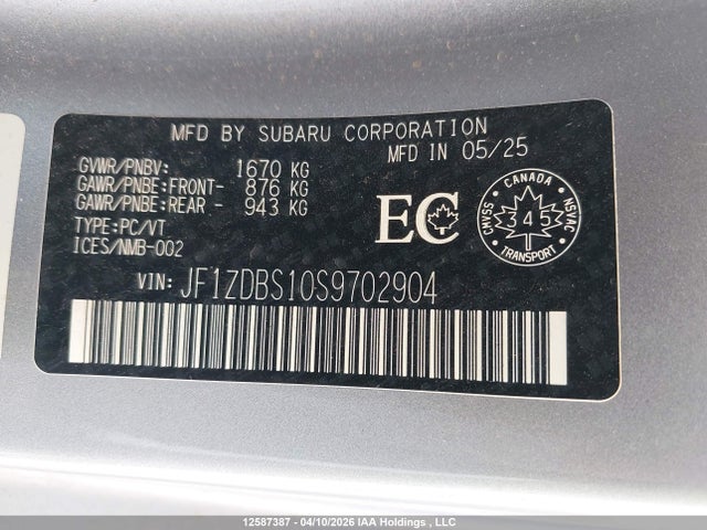 Aukcja sprzedaży 2025 Subaru Brz Ts, vin: JF1ZDBS10S9702904, numer aukcji: 12587387