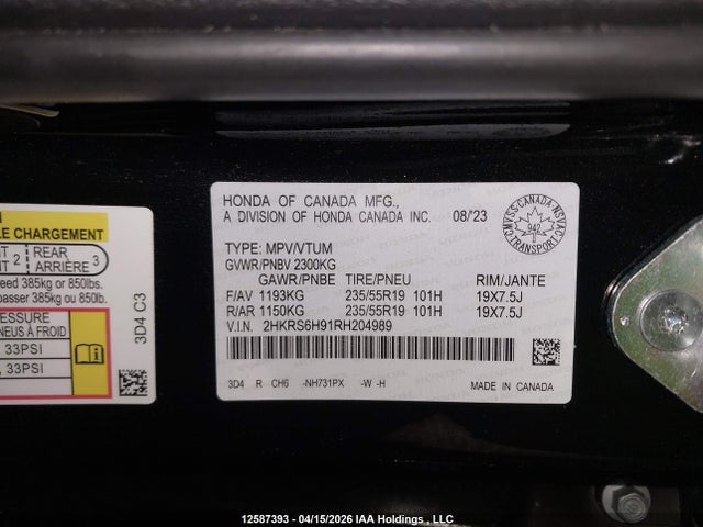 12587393 :رقم المزاد ، 2HKRS6H91RH204989 vin ، 2024 Honda Cr-v Sport Touring مزاد بيع
