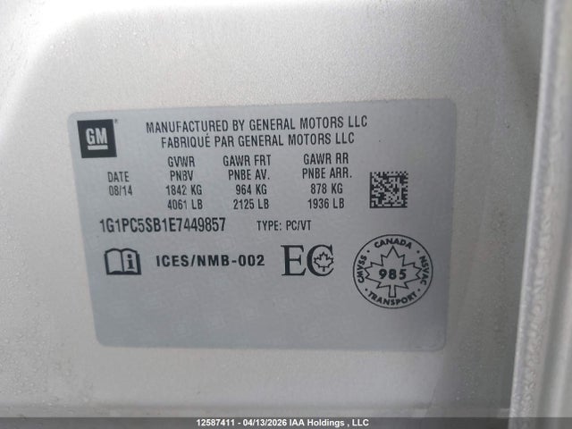 Aukcja sprzedaży 2014 Chevrolet Cruze Lt, vin: 1G1PC5SB1E7449857, numer aukcji: 12587411