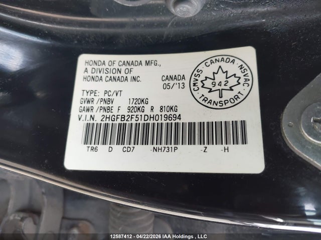 Auction sale of the 2013 Honda Civic, vin: 2HGFB2F51DH019694, lot number: 12587412