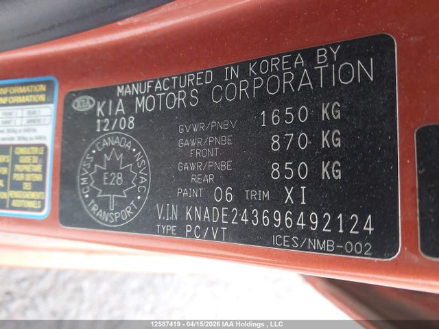 12587419 :رقم المزاد ، KNADE243696492124 vin ، 2009 Kia Rio 5 Sx مزاد بيع