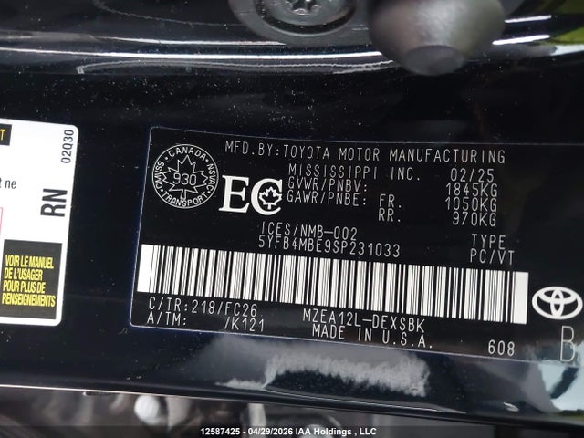12587425 :رقم المزاد ، 5YFB4MBE9SP231033 vin ، 2025 Toyota Corolla مزاد بيع