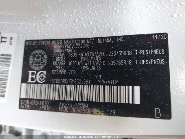 12587430 :رقم المزاد ، 5TDBBRCH5MS521694 vin ، 2021 Toyota Highlander Hybrid Le مزاد بيع