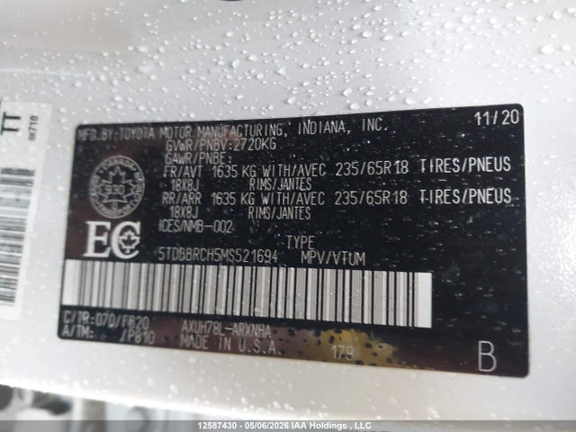 12587430 :رقم المزاد ، 5TDBBRCH5MS521694 vin ، 2021 Toyota Highlander Hybrid Le مزاد بيع