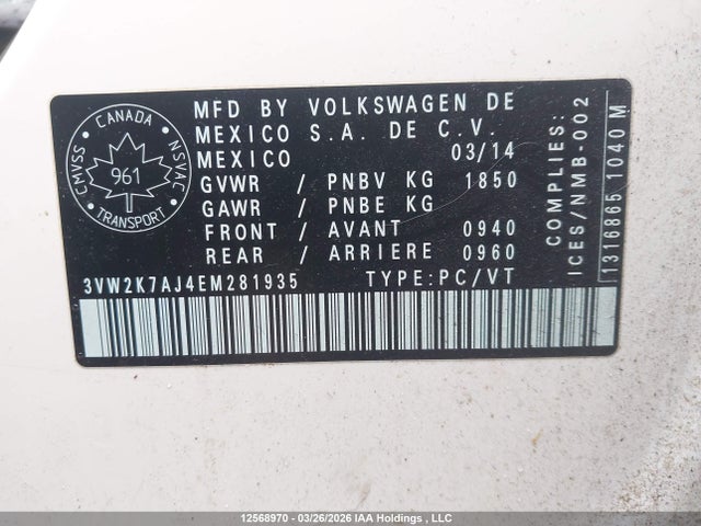 12568970 :رقم المزاد ، 3VW2K7AJ4EM281935 vin ، 2014 Volkswagen Jetta 2.0l Trendline+ مزاد بيع
