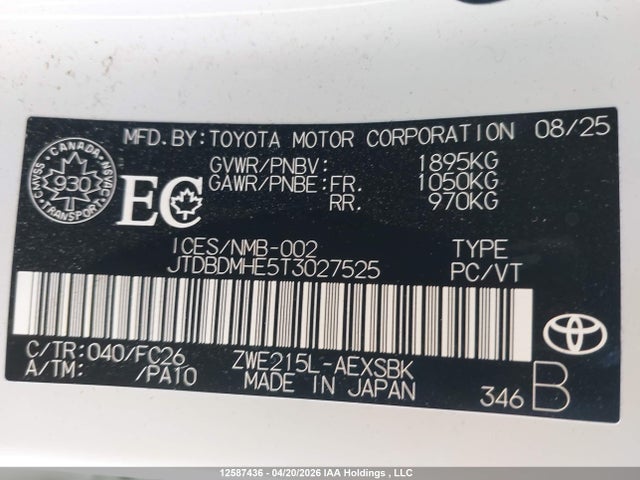 Продажа на аукционе авто 2026 Toyota Corolla Hybrid Se Awd, vin: JTDBDMHE5T3027525, номер лота: 12587436