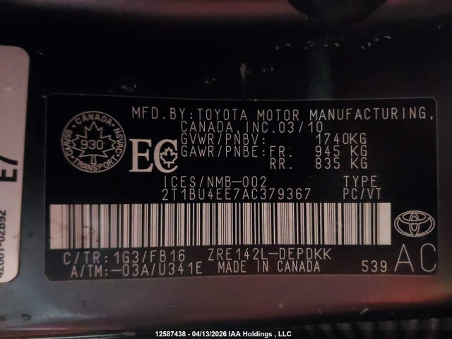 12587438 :رقم المزاد ، 2T1BU4EE7AC379367 vin ، 2010 Toyota Corolla مزاد بيع
