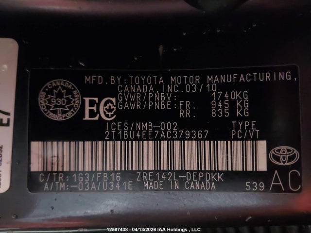 12587438 :رقم المزاد ، 2T1BU4EE7AC379367 vin ، 2010 Toyota Corolla مزاد بيع