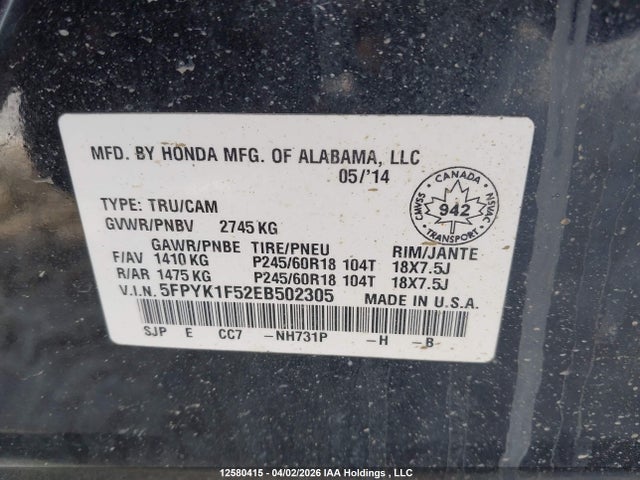 2014 Honda Ridgeline Touring მანქანა იყიდება აუქციონზე, vin: 5FPYK1F52EB502305, აუქციონის ნომერი: 12580415