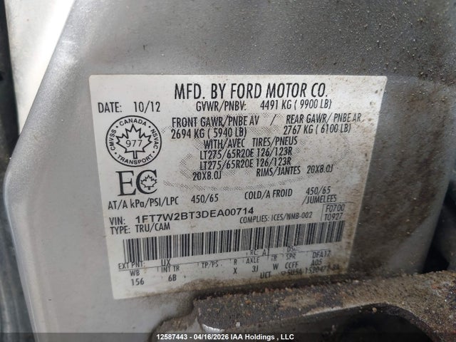 Продажа на аукционе авто 2013 Ford F-250 Lariat, vin: 1FT7W2BT3DEA00714, номер лота: 12587443