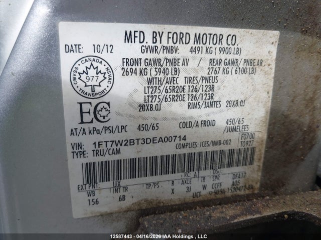 Продажа на аукционе авто 2013 Ford F-250 Lariat, vin: 1FT7W2BT3DEA00714, номер лота: 12587443