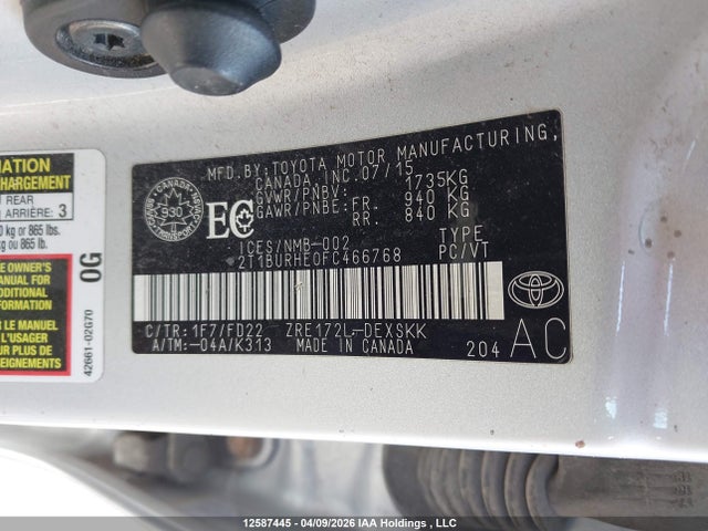 2015 Toyota Corolla S მანქანა იყიდება აუქციონზე, vin: 2T1BURHE0FC466768, აუქციონის ნომერი: 12587445