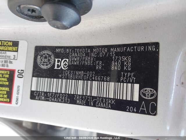 2015 Toyota Corolla S მანქანა იყიდება აუქციონზე, vin: 2T1BURHE0FC466768, აუქციონის ნომერი: 12587445