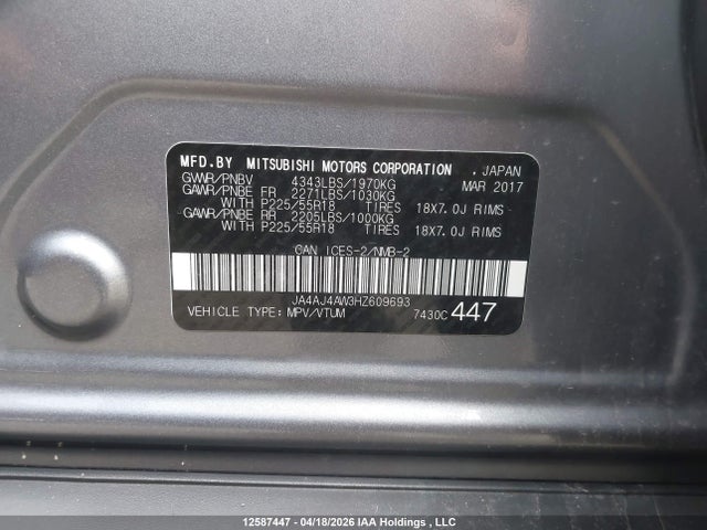 JA4AJ4AW3HZ609693 Mitsubishi Rvr Se Limited/gt