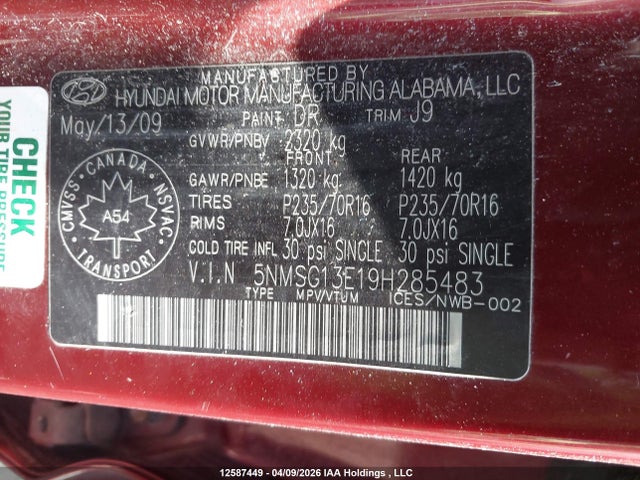 Продаж на аукціоні авто 2009 Hyundai Santa Fe, vin: 5NMSG13E19H285483, номер лоту: 12587449