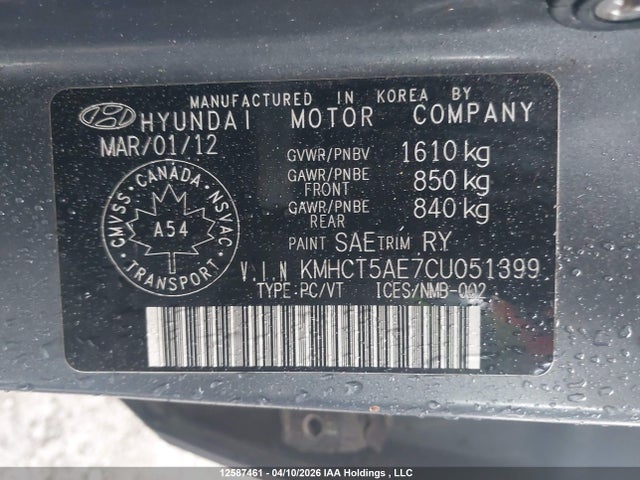 12587461 :رقم المزاد ، KMHCT5AE7CU051399 vin ، 2012 Hyundai Accent مزاد بيع