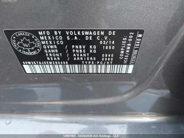 12587462 :رقم المزاد ، 3VW2K7AJXEM280496 vin ، 2014 Volkswagen Jetta مزاد بيع