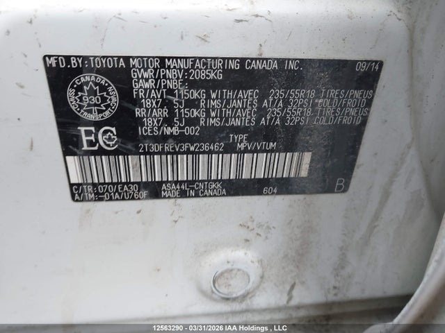 12563290 :رقم المزاد ، 2T3DFREV3FW236462 vin ، 2015 Toyota Rav4 Limited مزاد بيع