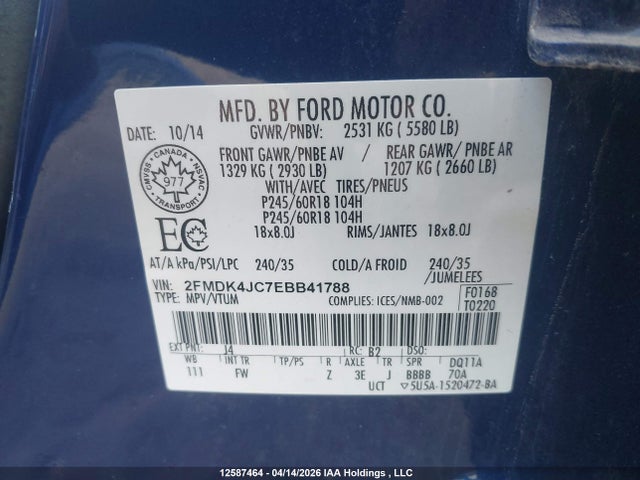 12587464 :رقم المزاد ، 2FMDK4JC7EBB41788 vin ، 2014 Ford Edge Sel مزاد بيع