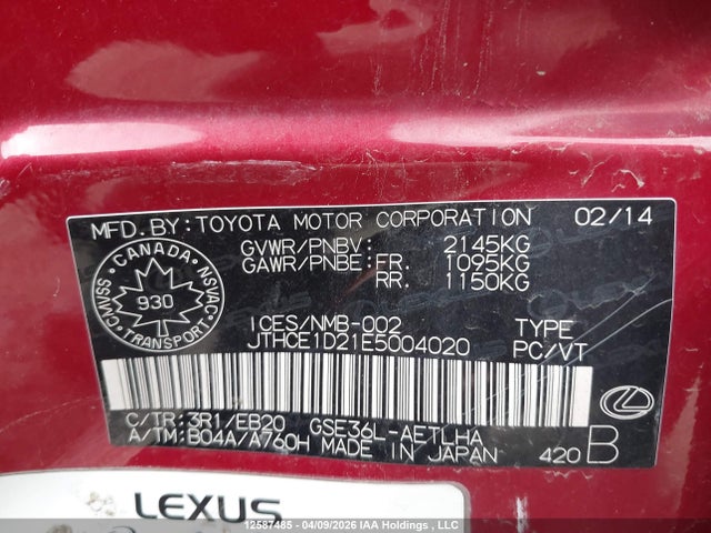 Aukcja sprzedaży 2014 Lexus Is 350, vin: JTHCE1D21E5004020, numer aukcji: 12587485